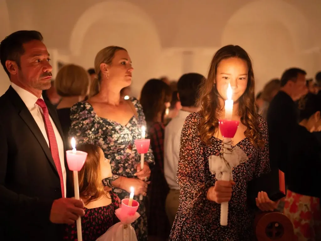 People hold candles during a dimly lit ceremony.