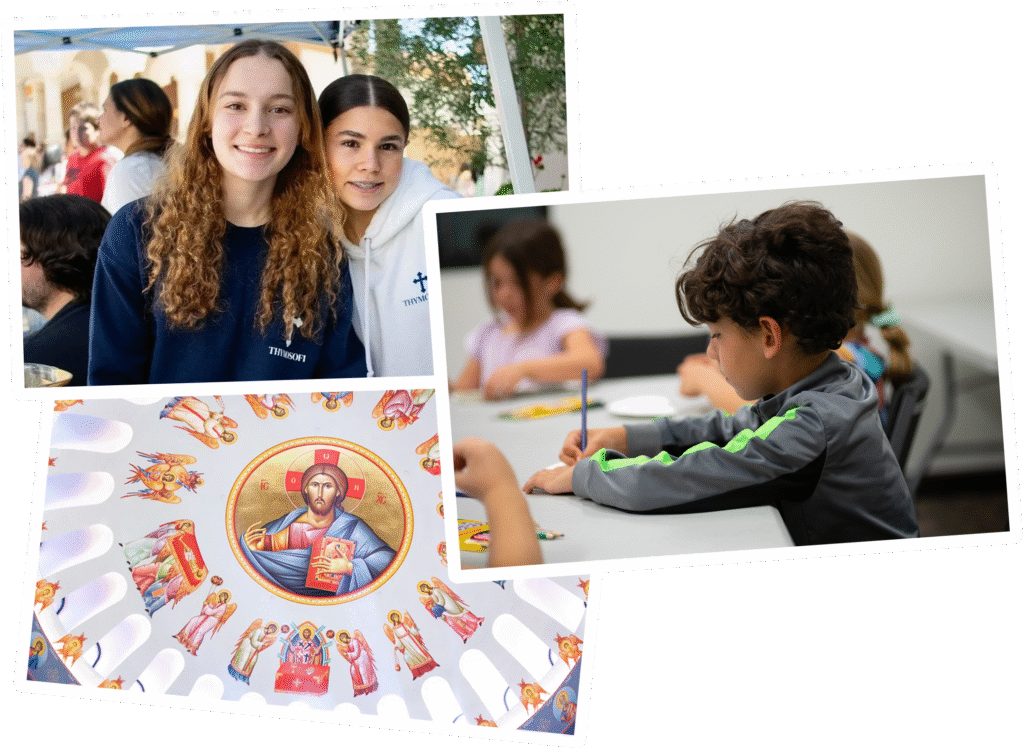 Group of people, children drawing, religious art.