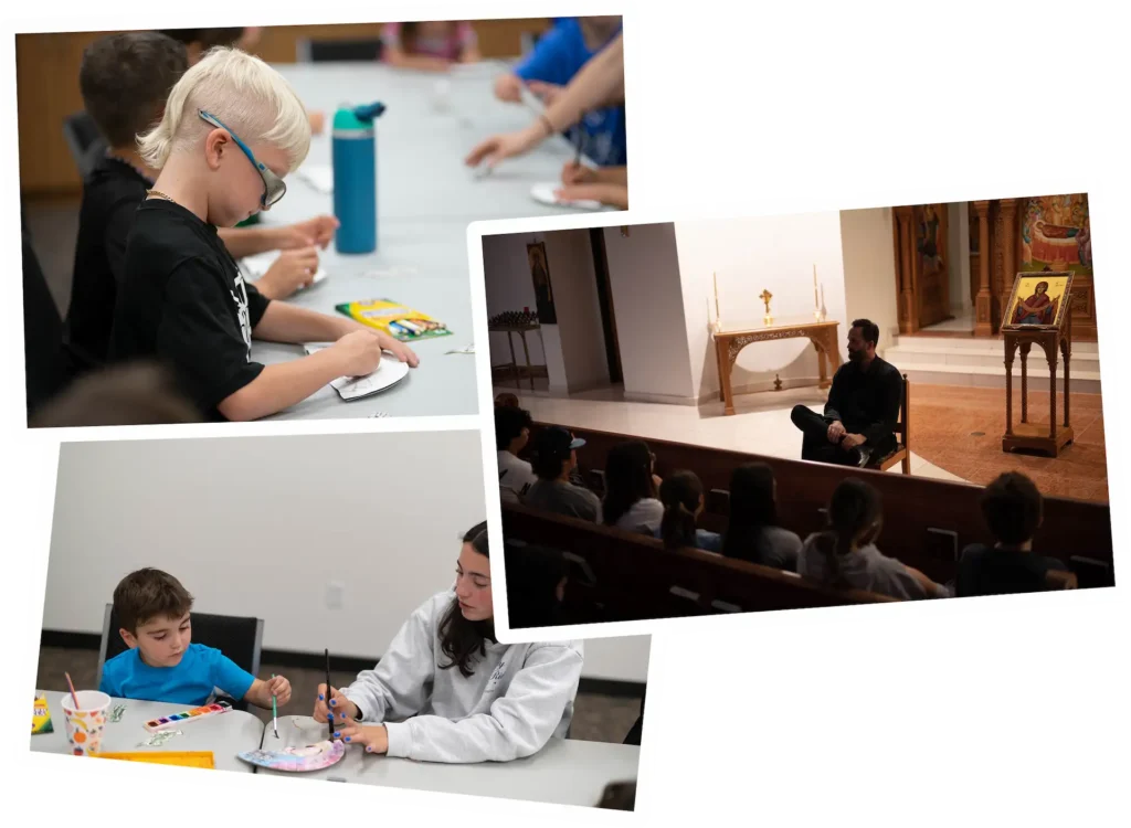 Children drawing and listening in a church setting.