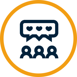 Three people discussing with love icons above