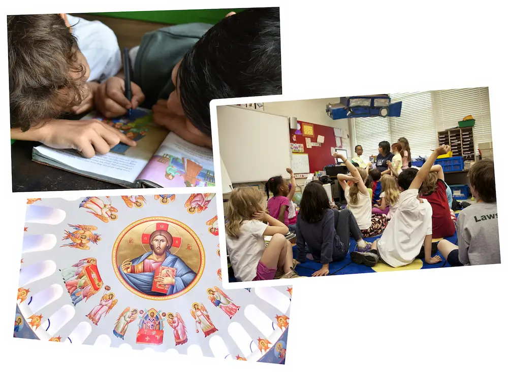 Children studying in classroom and reading books.
